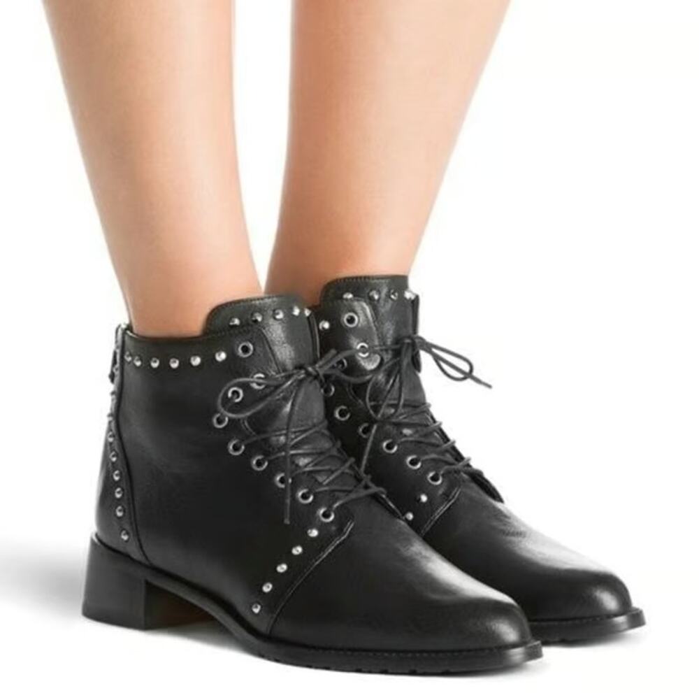 Stuart Weitzman Lashease Studded Moto Ankle Boots Leather Lace-Up Flat Black